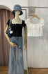Summer Square Neck Lace Ribbon Puff Sleeves Blouse